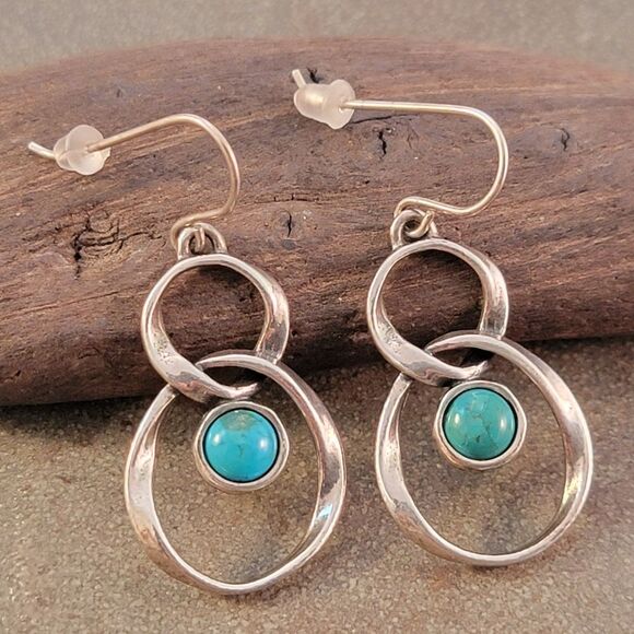 Shablool Israel Turquoise Sterling Double Wavy Earrings - Picture 3 of 8